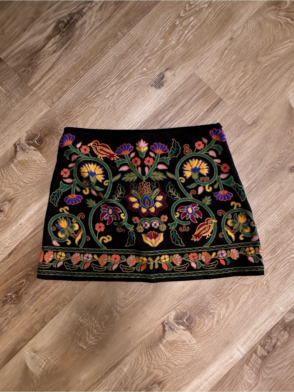 Zara Black Mini Skirt with Multicolor Floral Embroidery